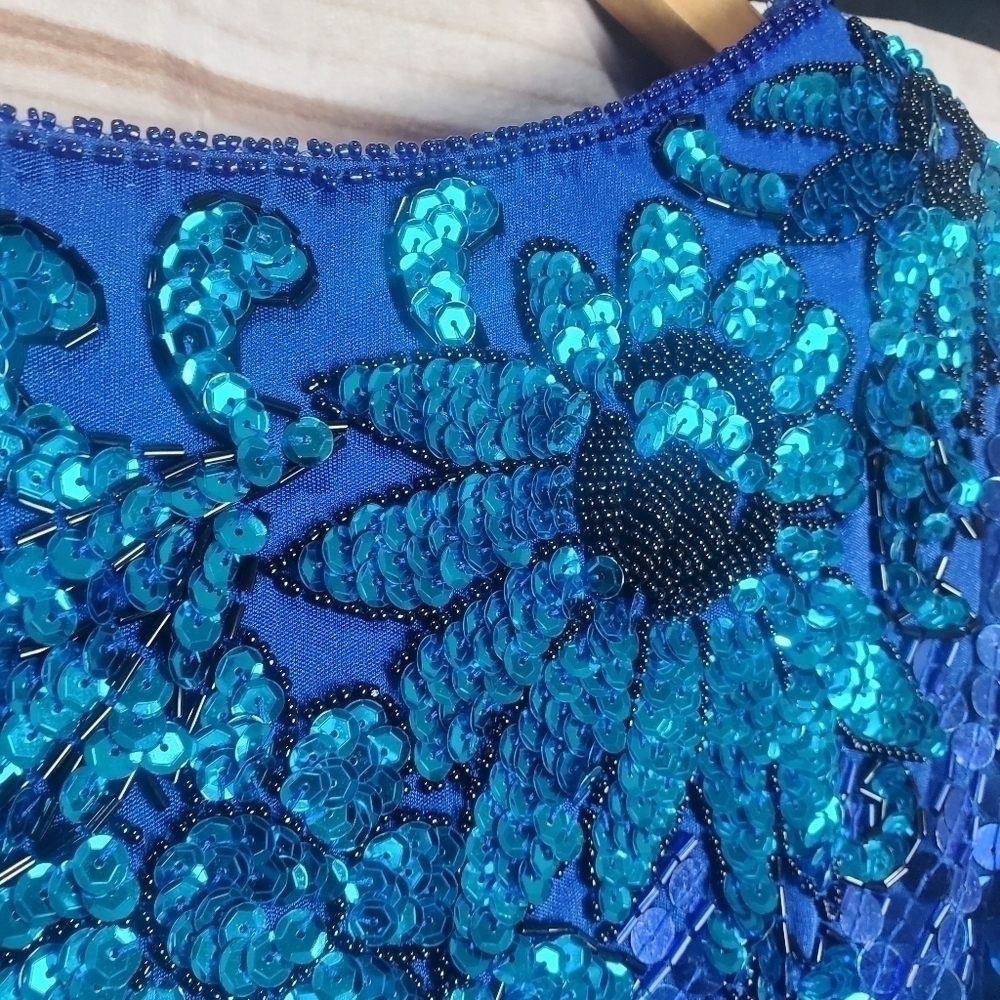 Vintage 80s Nadine Vibrant Blue Floral Sequins Long Sleeve Dress Size Medium - Picture 5 of 16
